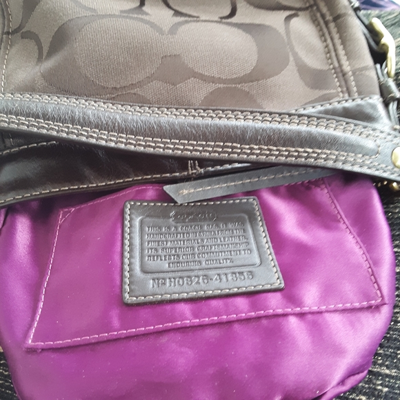 Coach Brown Signature Stripe Canvas Small Shoulder Bag Purse Leather Trim - Picture 11 of 12